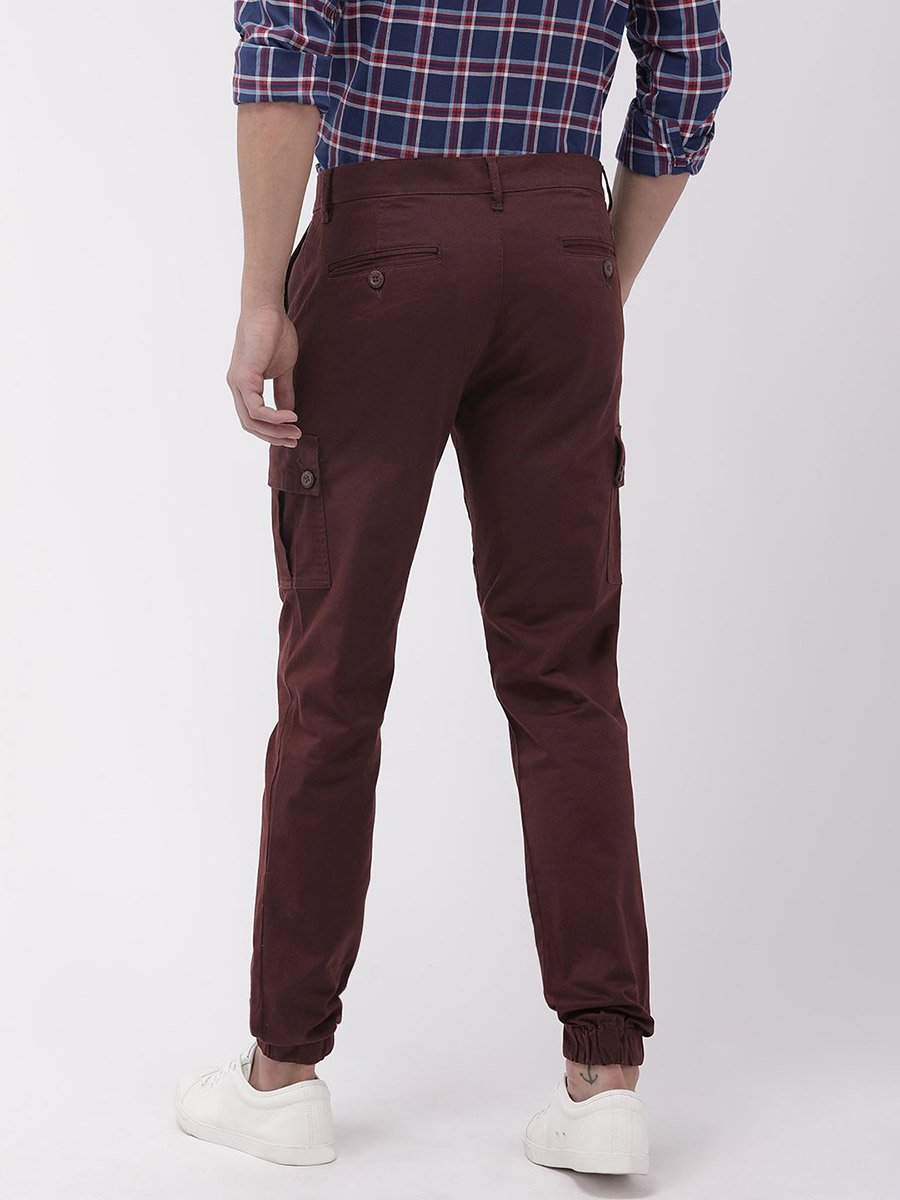Men Burgundy Slim Fit Cargo Joggers