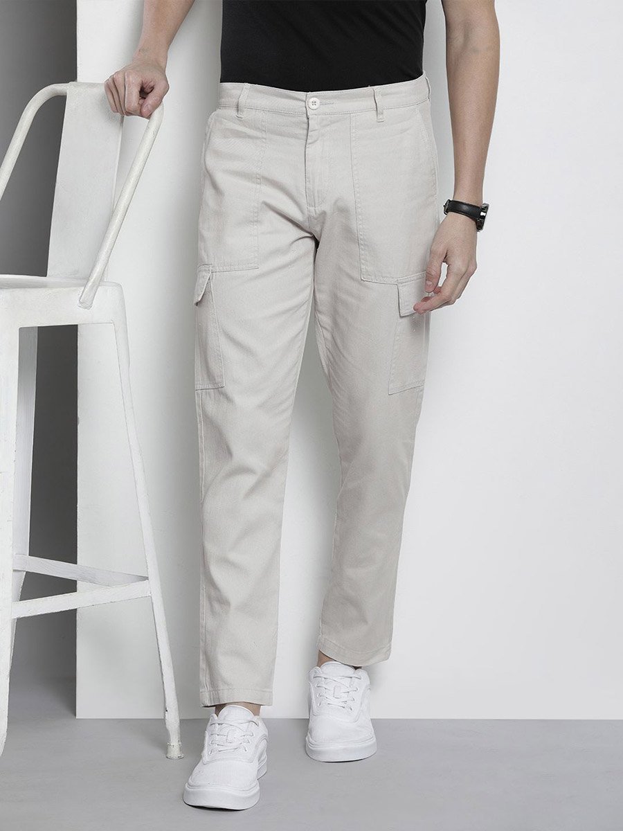 Men Grey Regular Fit Solid Cargo Pants