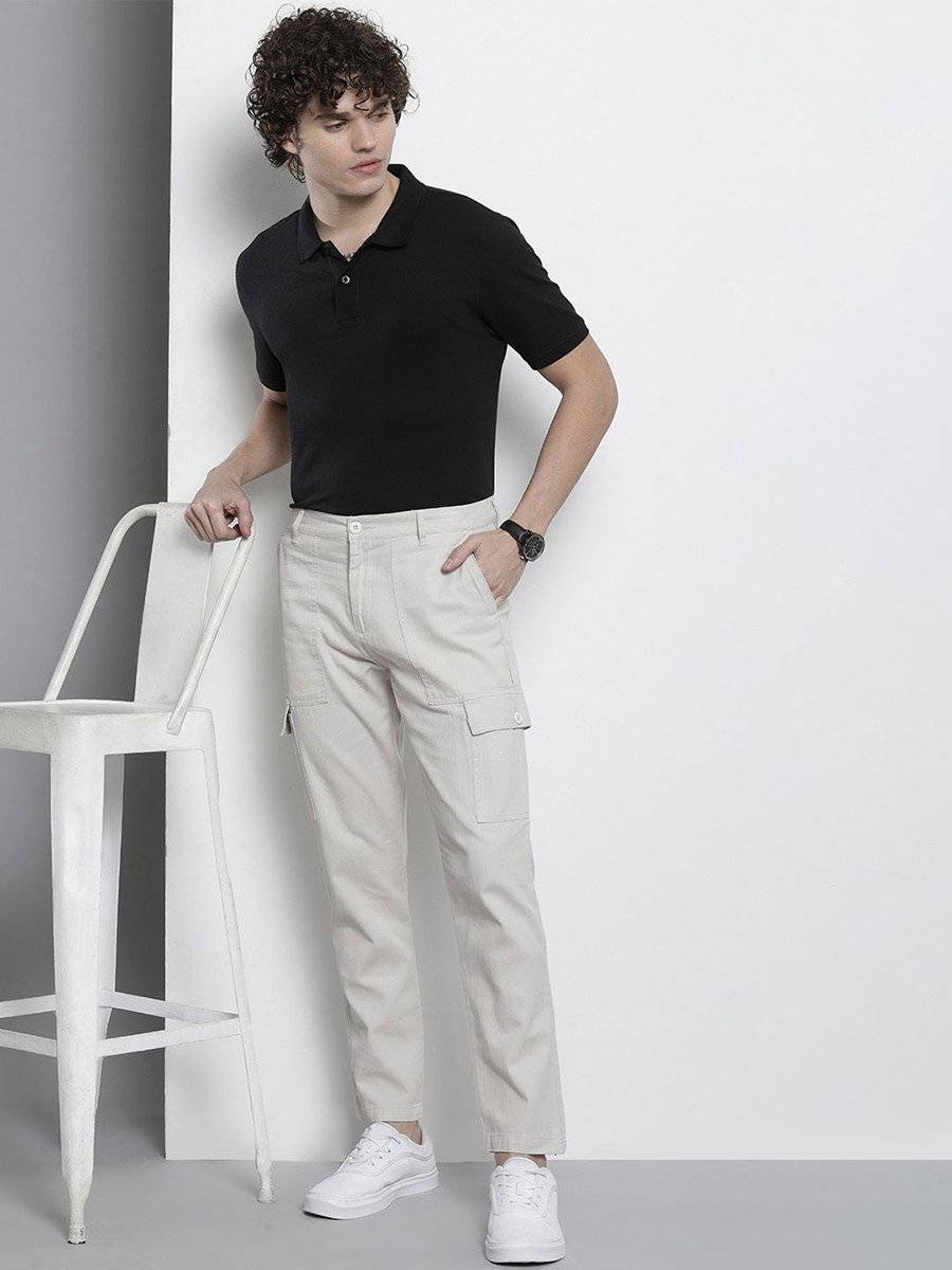 Men Grey Regular Fit Solid Cargo Pants