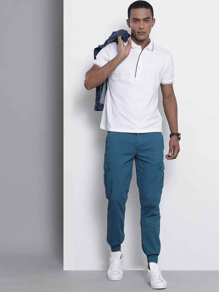 Men Blue Slim Fit Solid Cargo Joggers