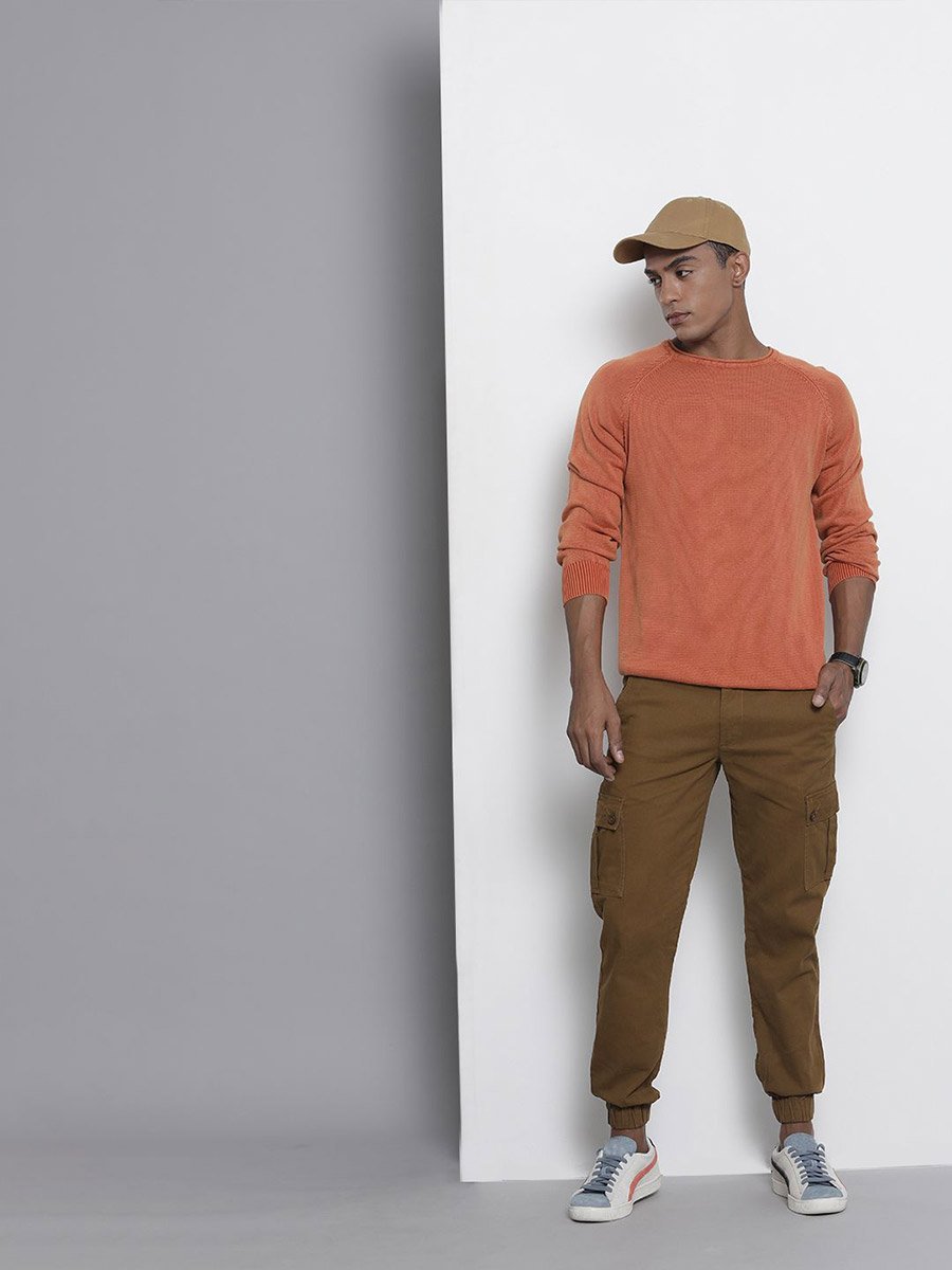 Men Brown Slim Fit Solid Cargo Joggers
