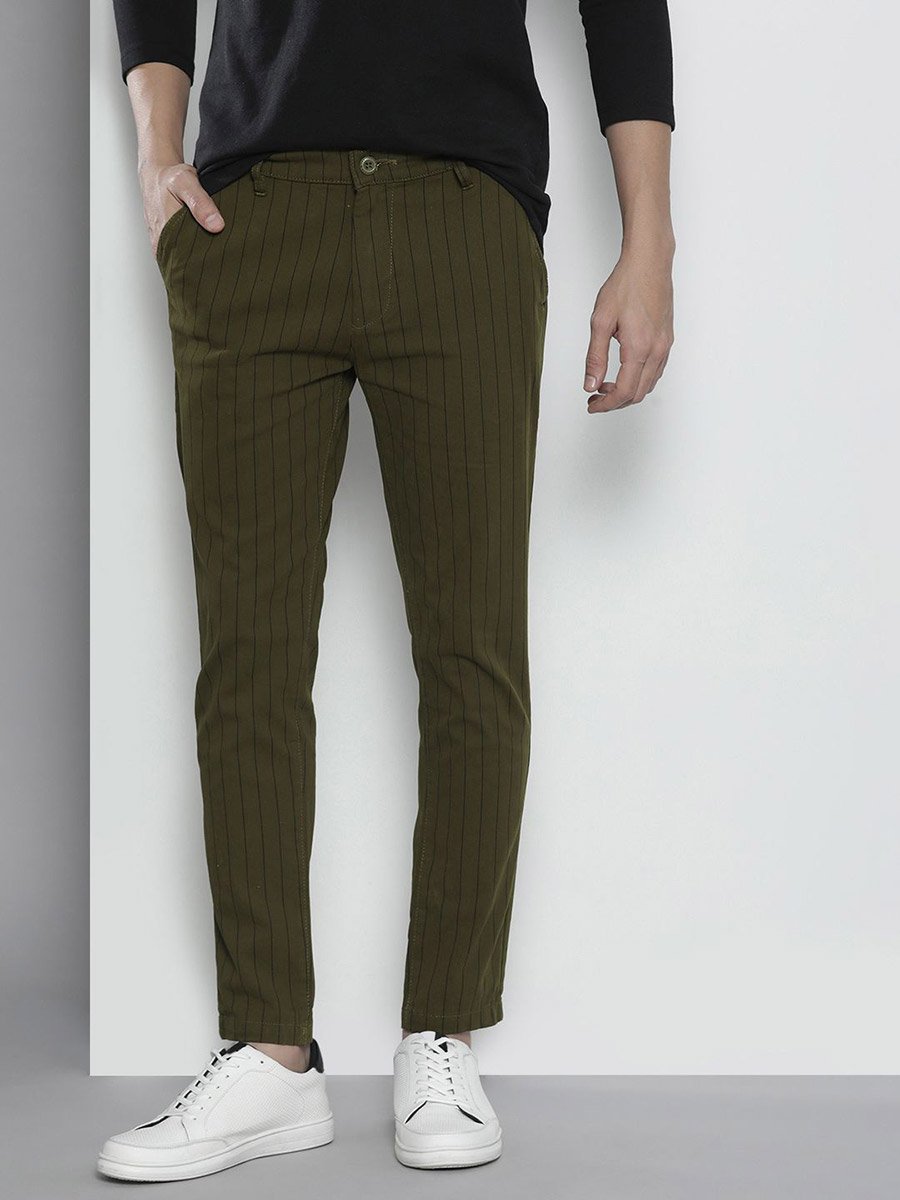Men Olive Green Slim Fit Striped Chinos