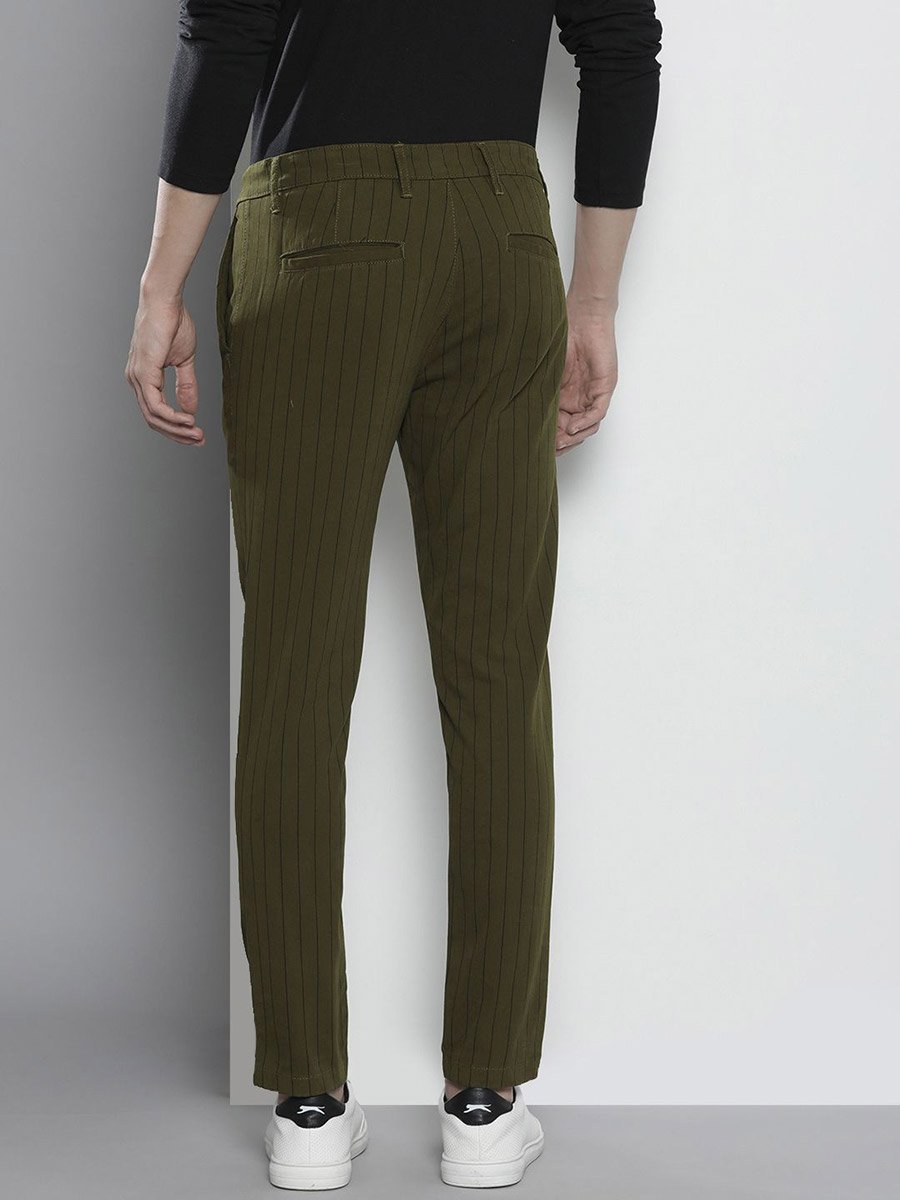 Men Olive Green Slim Fit Striped Chinos