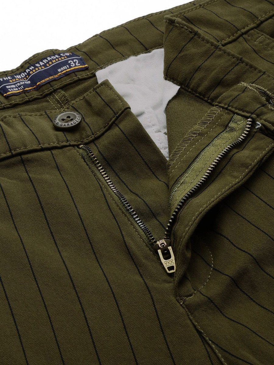 Men Olive Green Slim Fit Striped Chinos