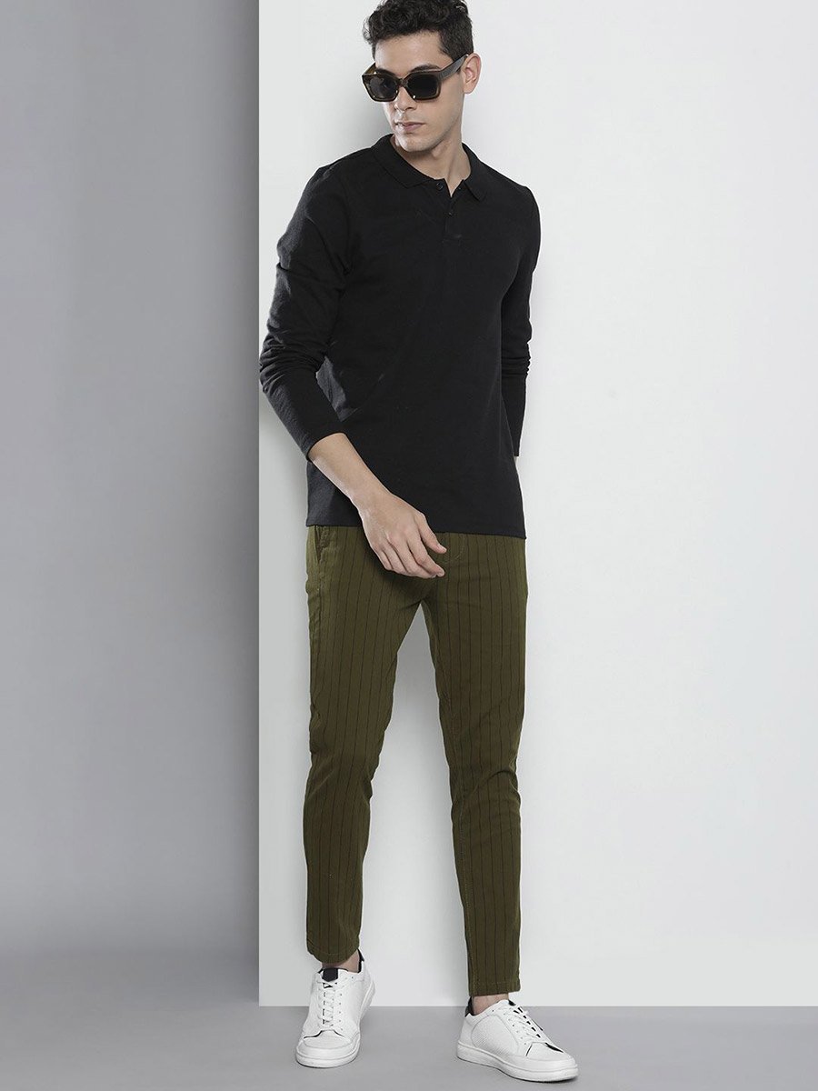 Men Olive Green Slim Fit Striped Chinos