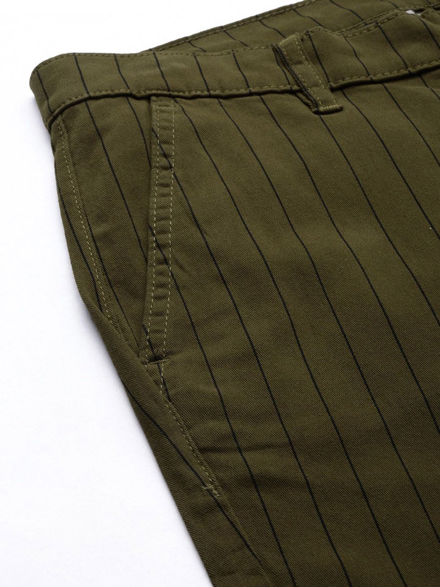 Men Olive Green Slim Fit Striped Chinos