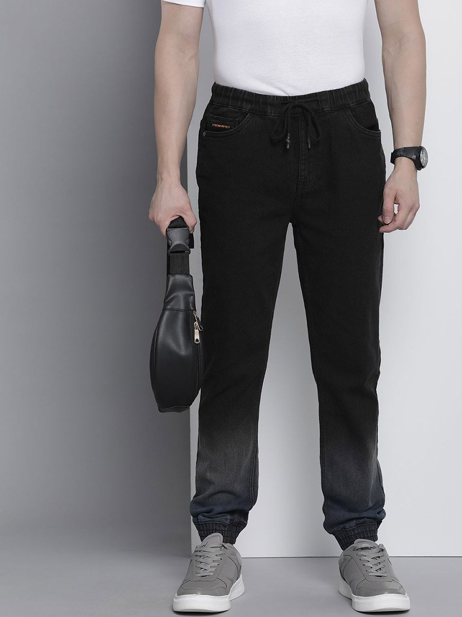 Men Black Slim Fit Solid Denim Joggers