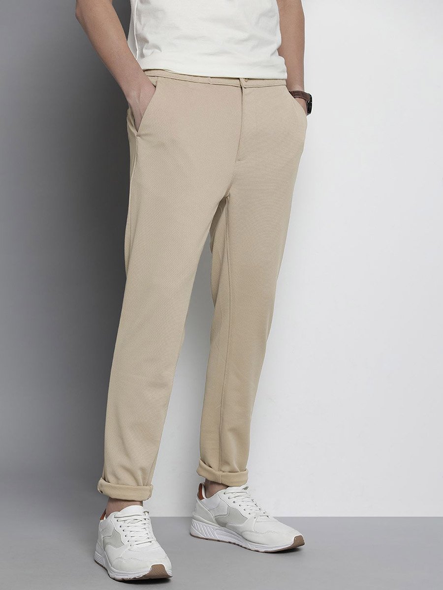 Men Beige Slim Fit Solid Joggers