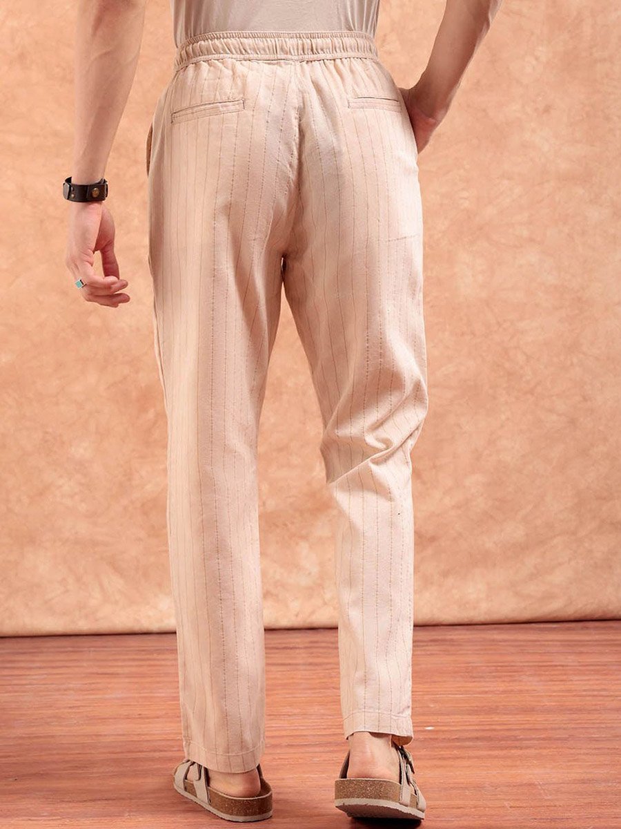 Men Beige Regular Fit Stripes Trousers