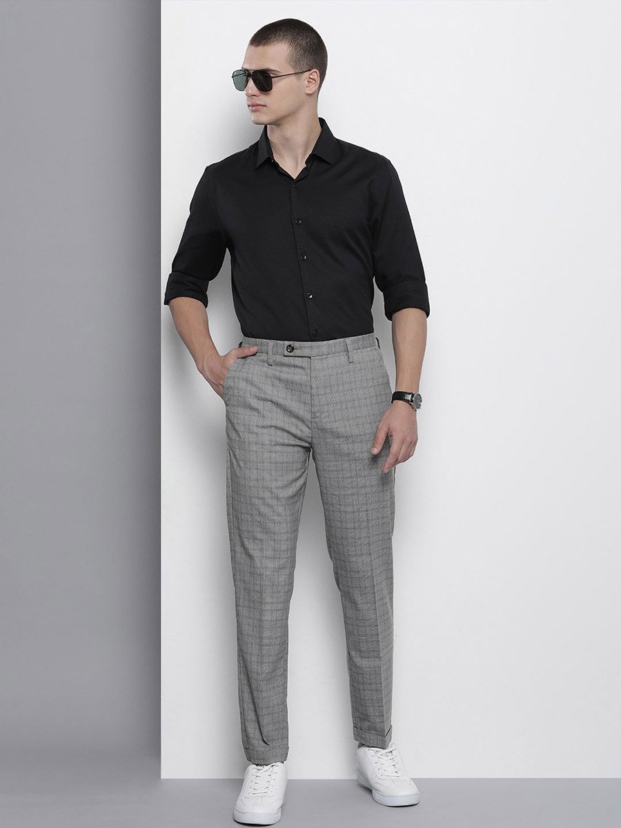 Men Grey Regular Fit Checkered Trousers