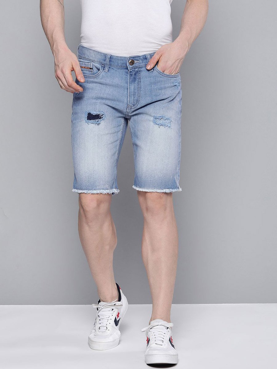 Men Blue Slim Fit Solid Denim Shorts