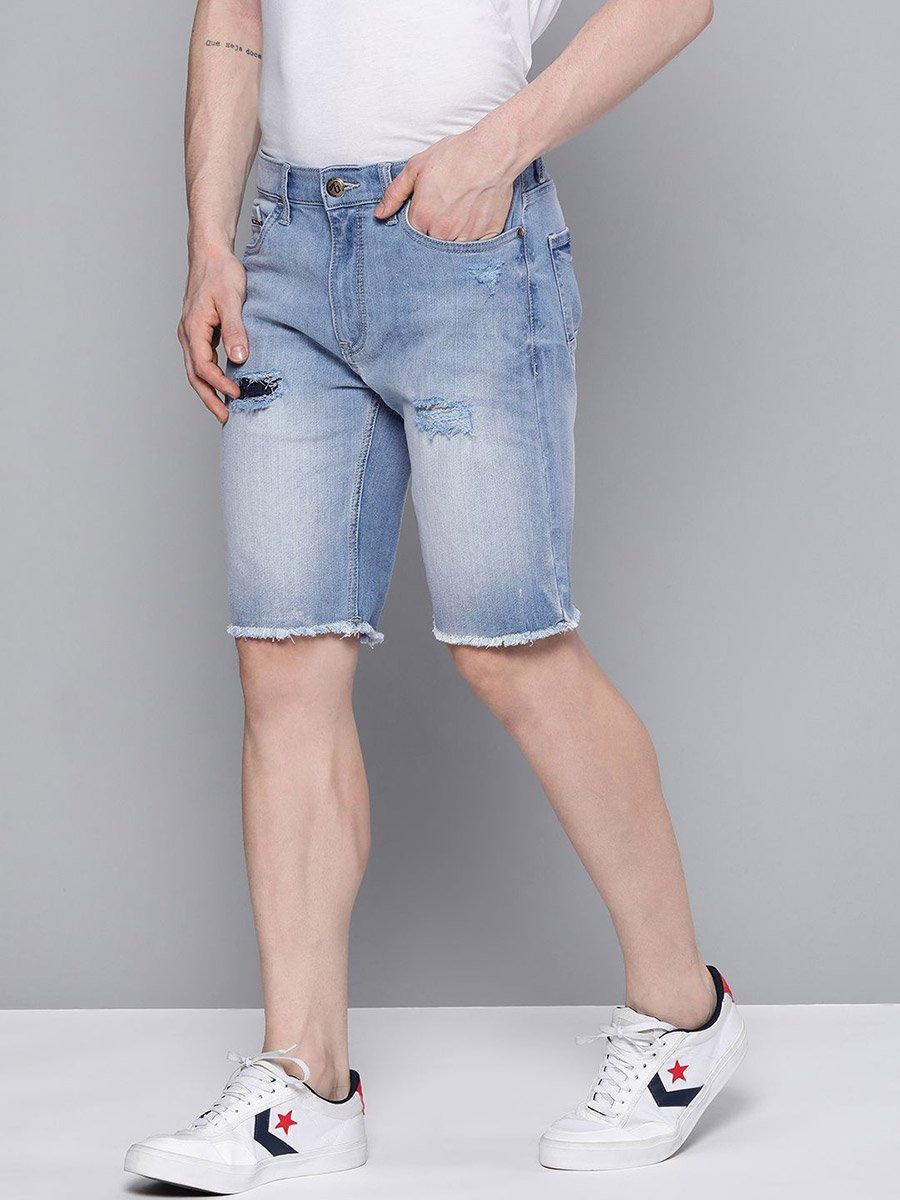 Men Blue Slim Fit Solid Denim Shorts
