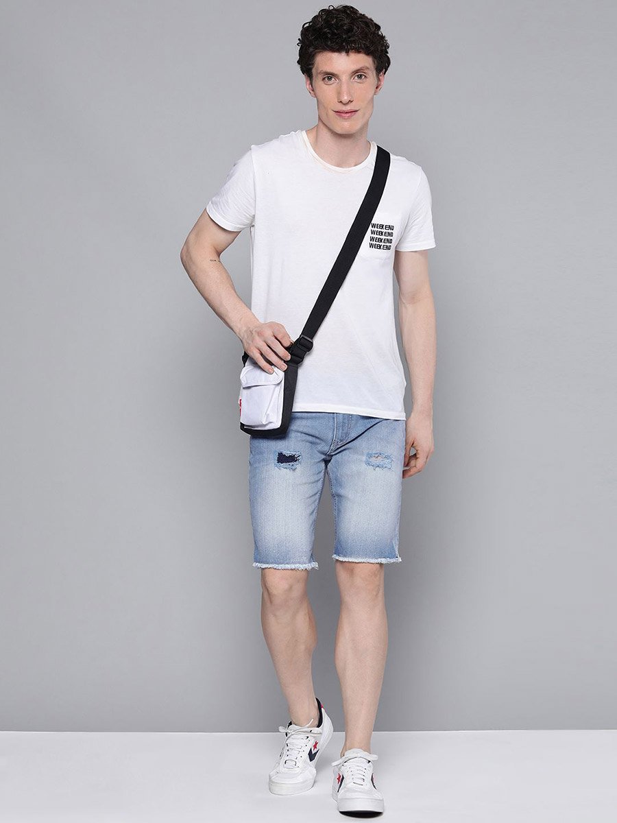 Men Blue Slim Fit Solid Denim Shorts