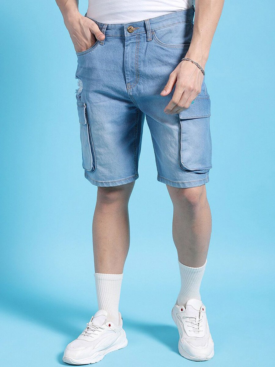 Men Blue Relaxed Fit Solid Denim Shorts