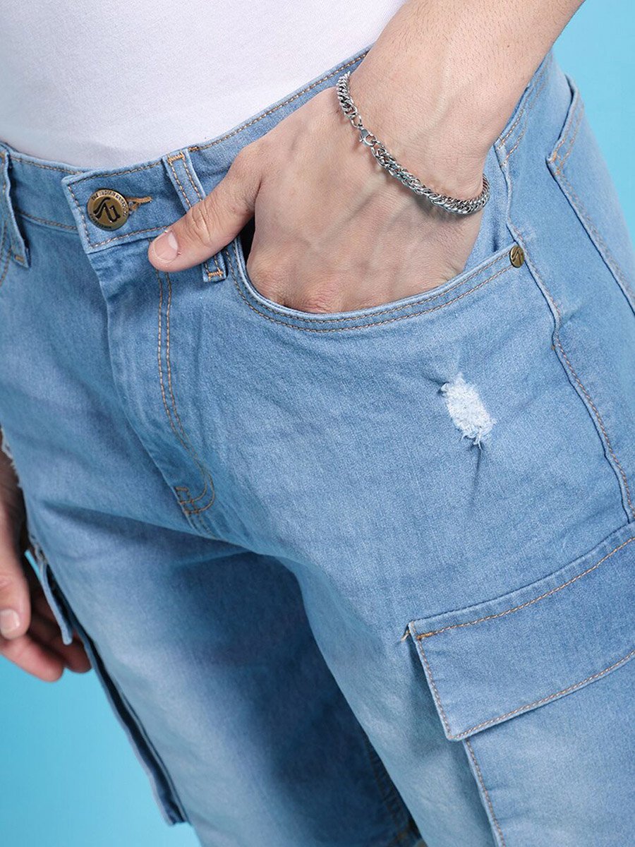 Men Blue Relaxed Fit Solid Denim Shorts