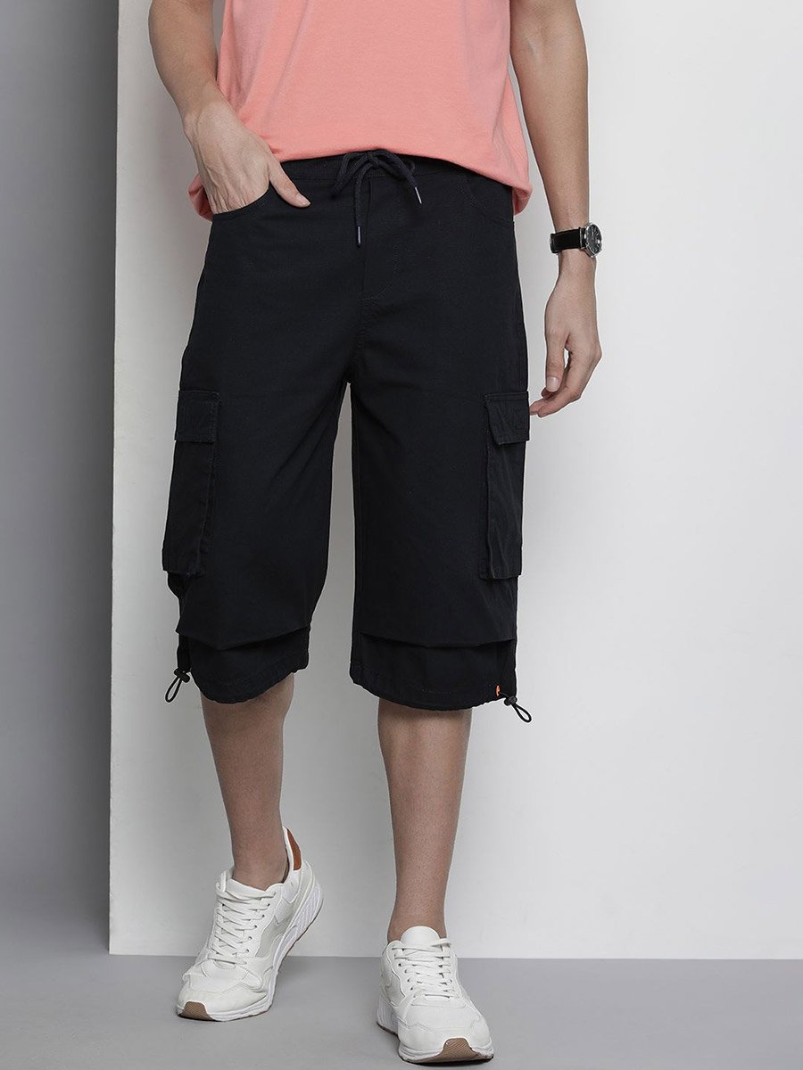 Men Black Relaxed Fit Solid Cargo Shorts