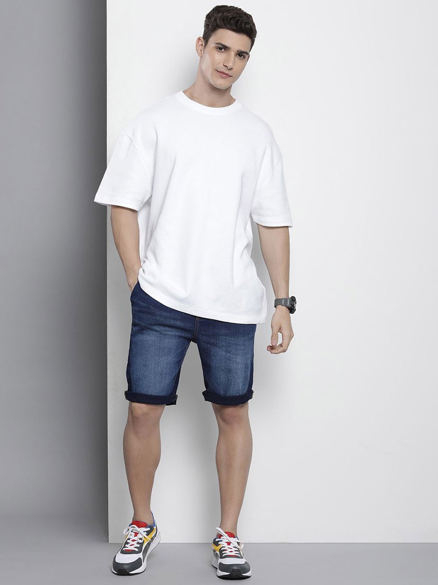 Men Blue Regular Fit Solid Denim Shorts