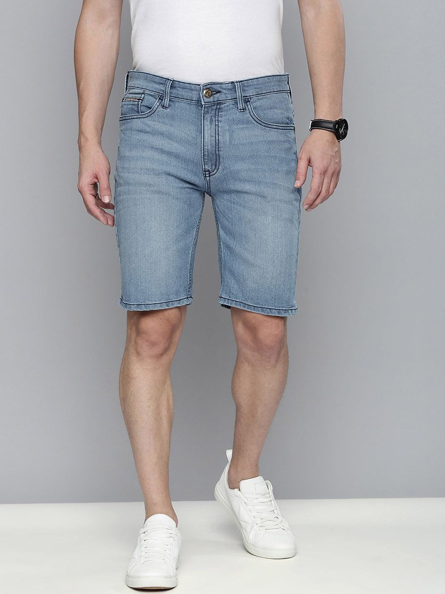 Men Blue Slim Fit Solid Denim Shorts
