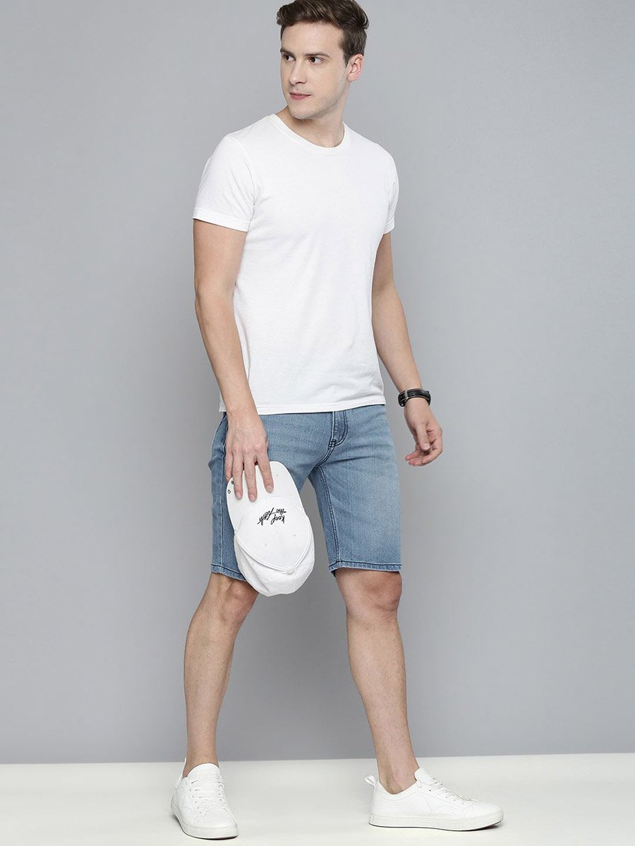 Men Blue Slim Fit Solid Denim Shorts