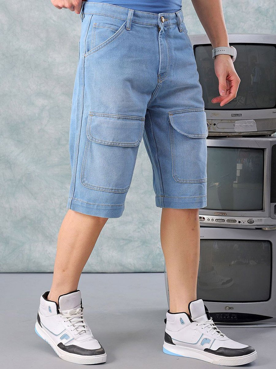 Men Blue Relaxed Fit Solid Denim Shorts