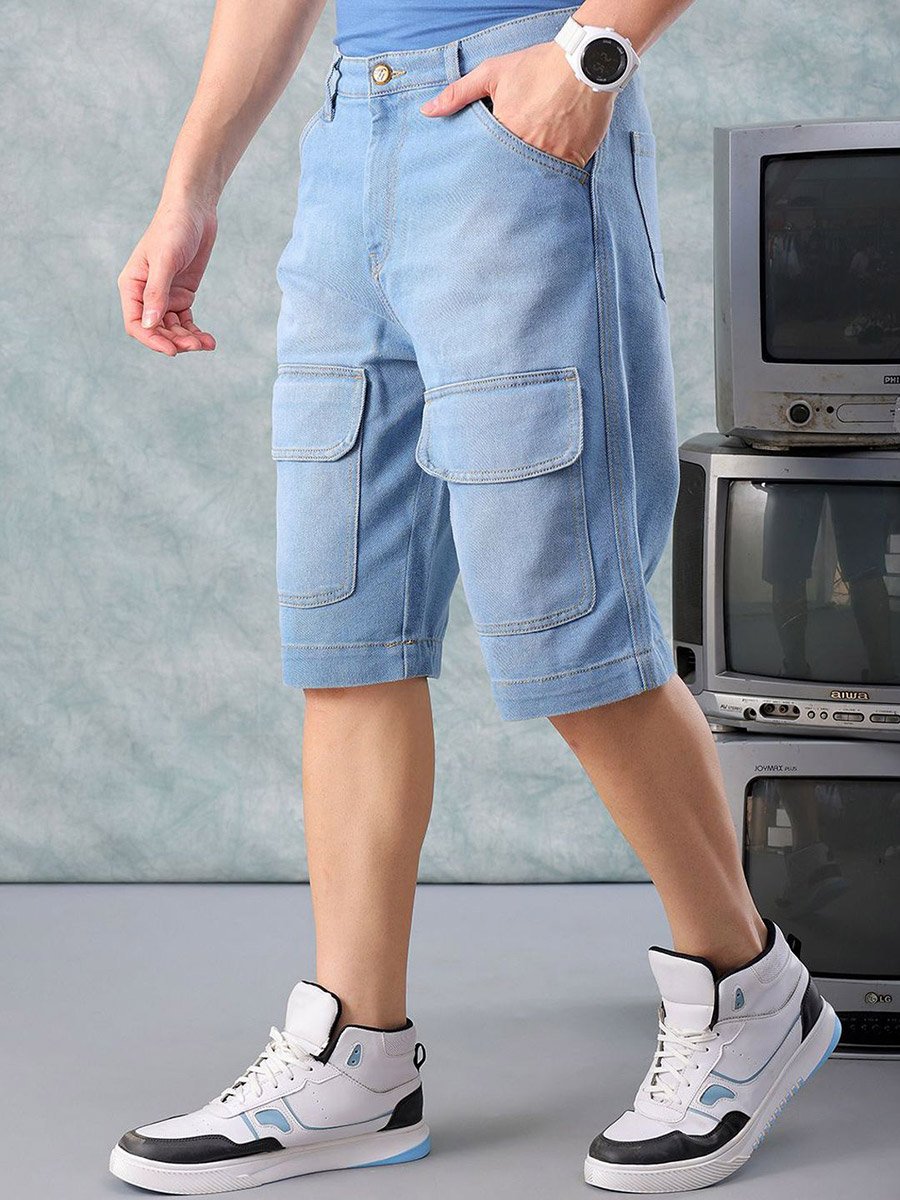 Men Blue Relaxed Fit Solid Denim Shorts