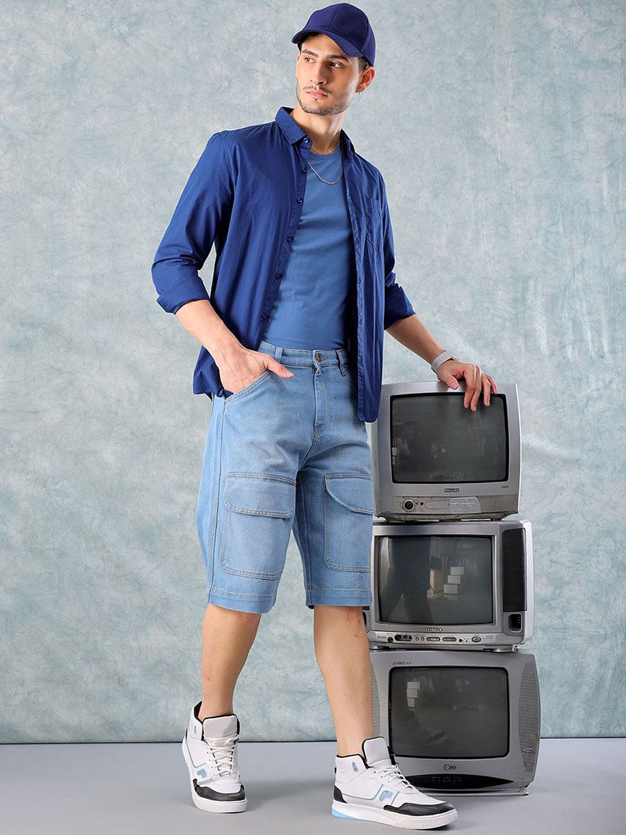 Men Blue Relaxed Fit Solid Denim Shorts