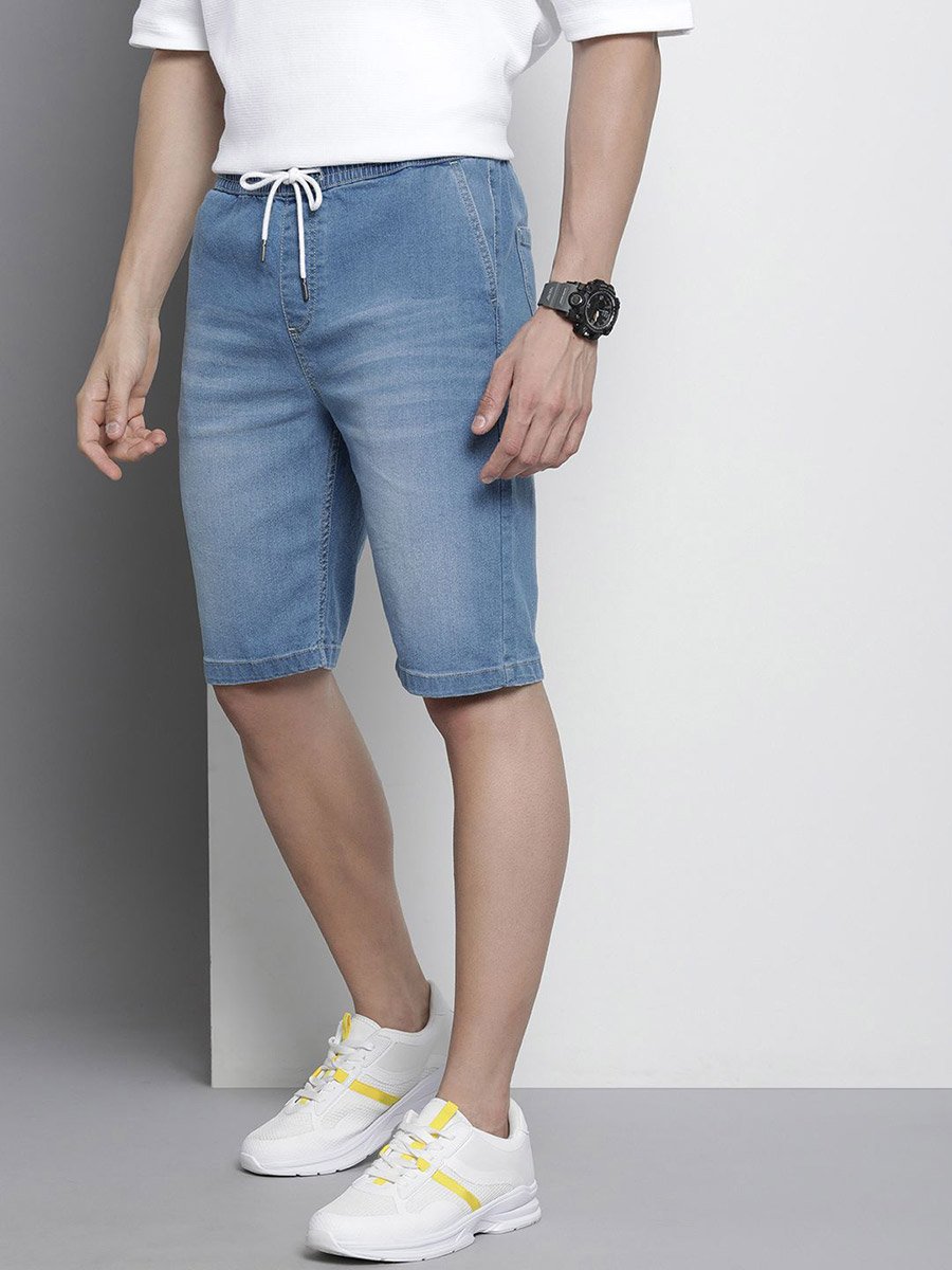Men Blue Regular Fit Solid Denim Shorts