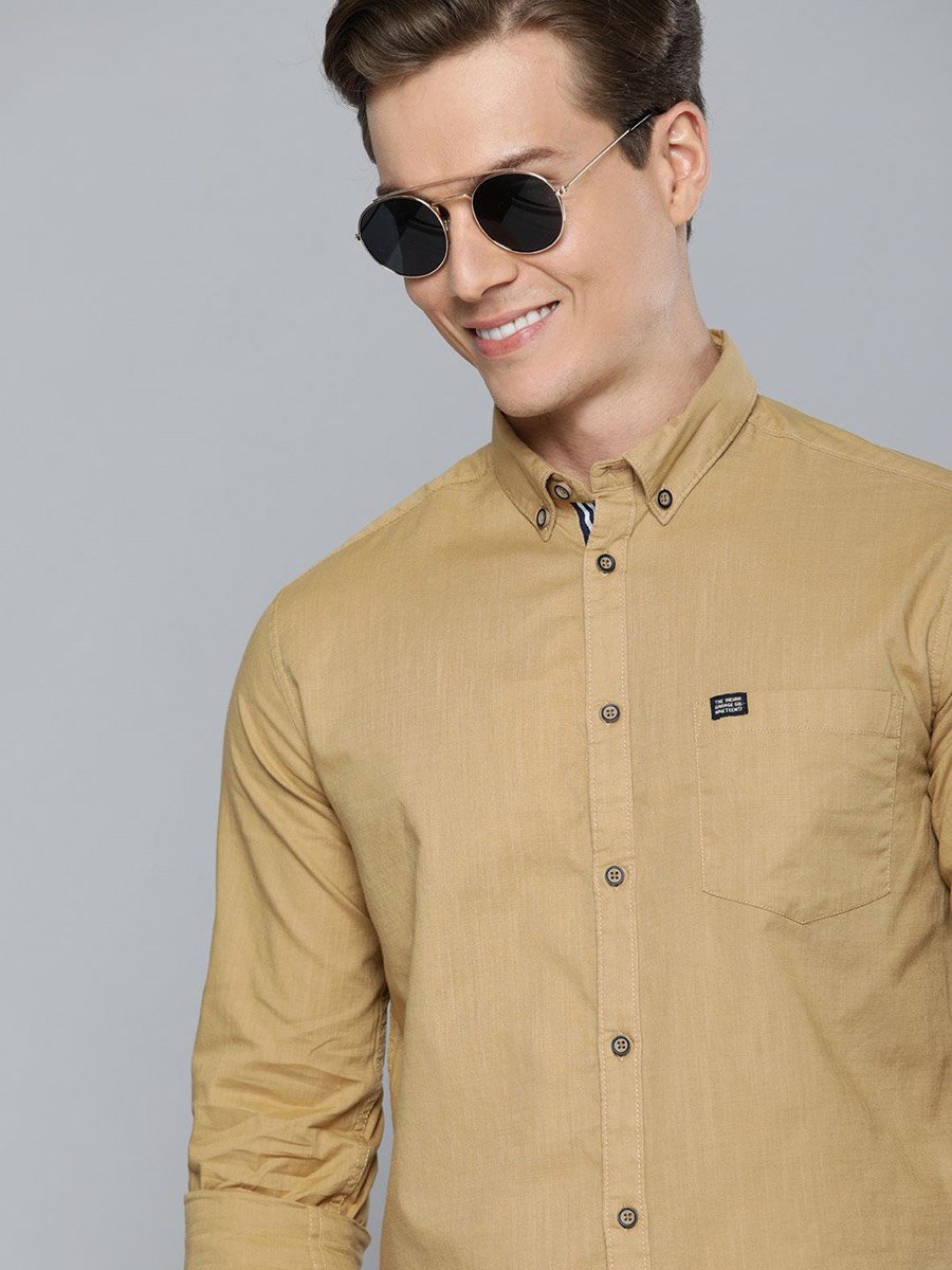 Men Khaki Slim Fit Solid Shirt