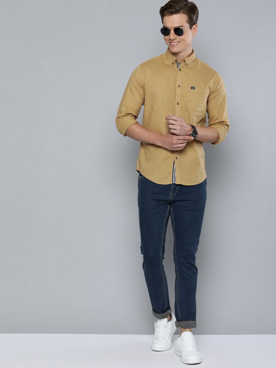 Men Khaki Slim Fit Solid Shirt