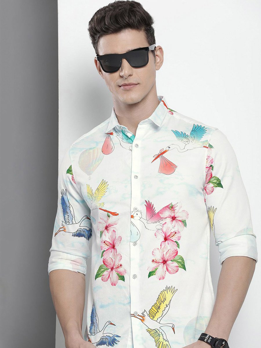 Men White Slim Fit Floral Print Shirt