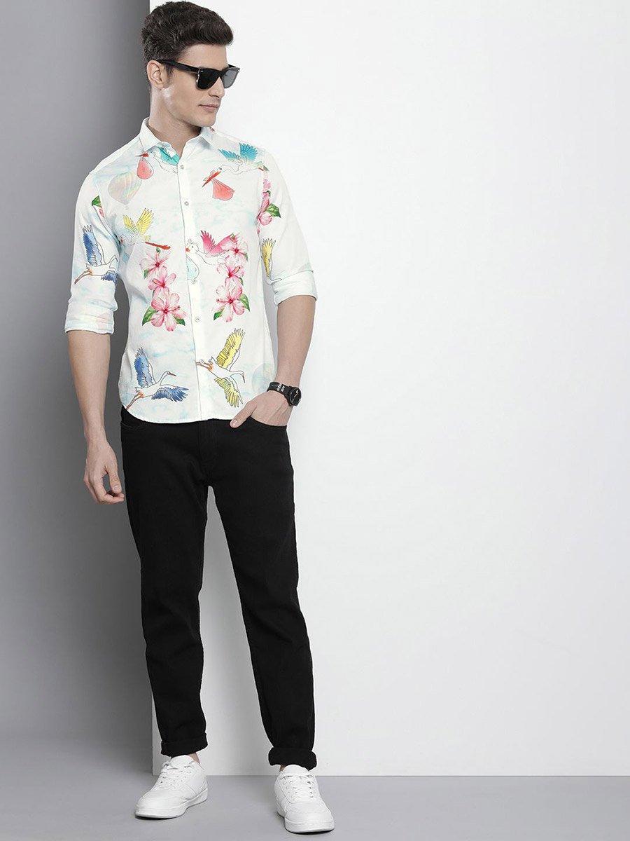 Men White Slim Fit Floral Print Shirt