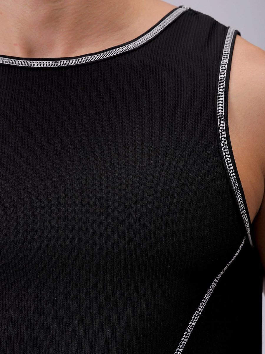 Men Black Regular Fit Textured Crew Neck Tank Top