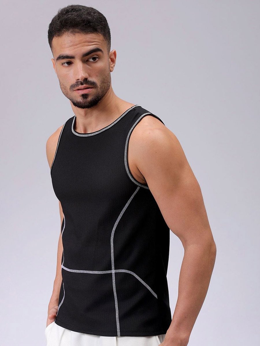 Men Black Regular Fit Textured Crew Neck Tank Top