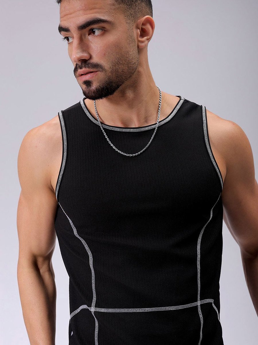 Men Black Regular Fit Textured Crew Neck Tank Top
