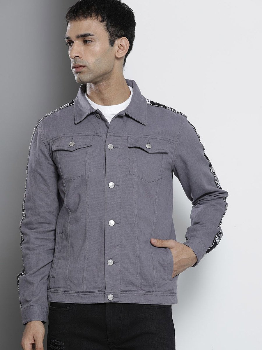 Men Grey Solid Button-Up Jacket