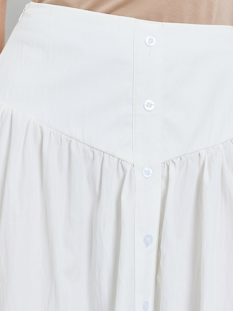 White Wide Waistband Button Midi Skirt
