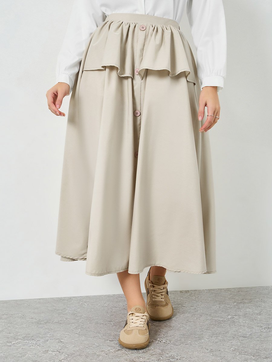 Beige Frill Detail A-Line Midi Skirt