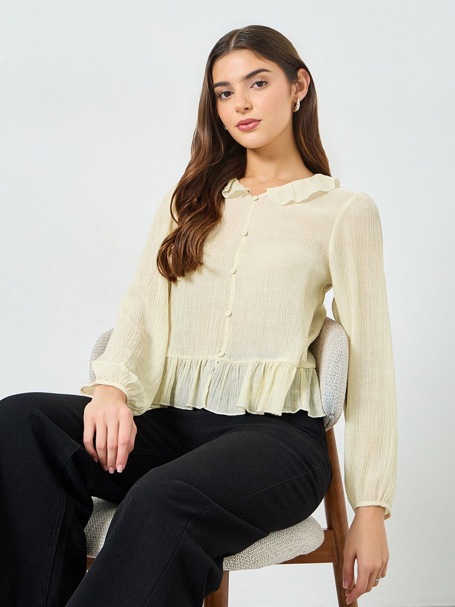 Beige Texture Buttoned Ruffle Hem Top