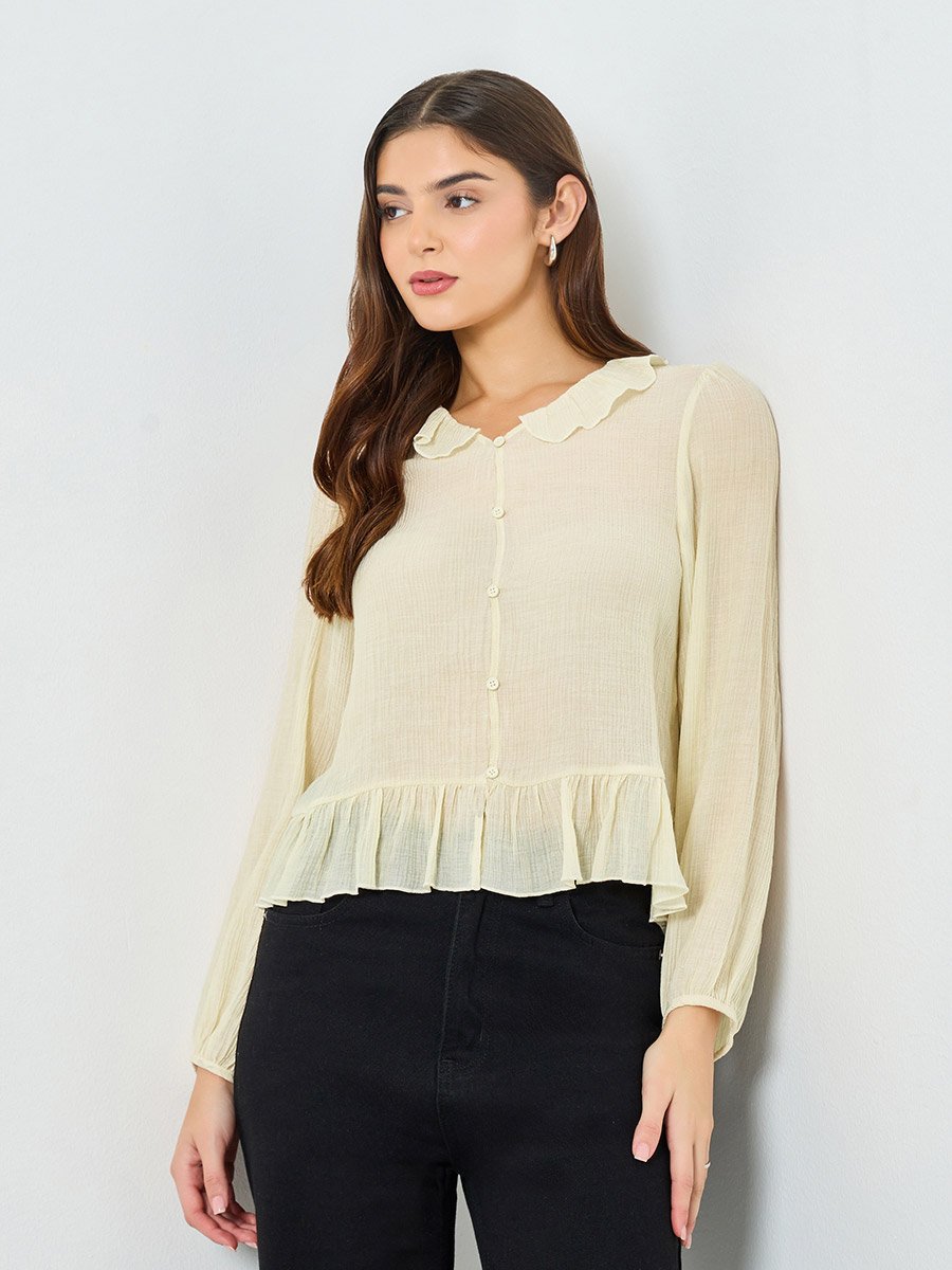 Beige Texture Buttoned Ruffle Hem Top