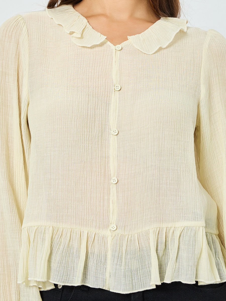 Beige Texture Buttoned Ruffle Hem Top