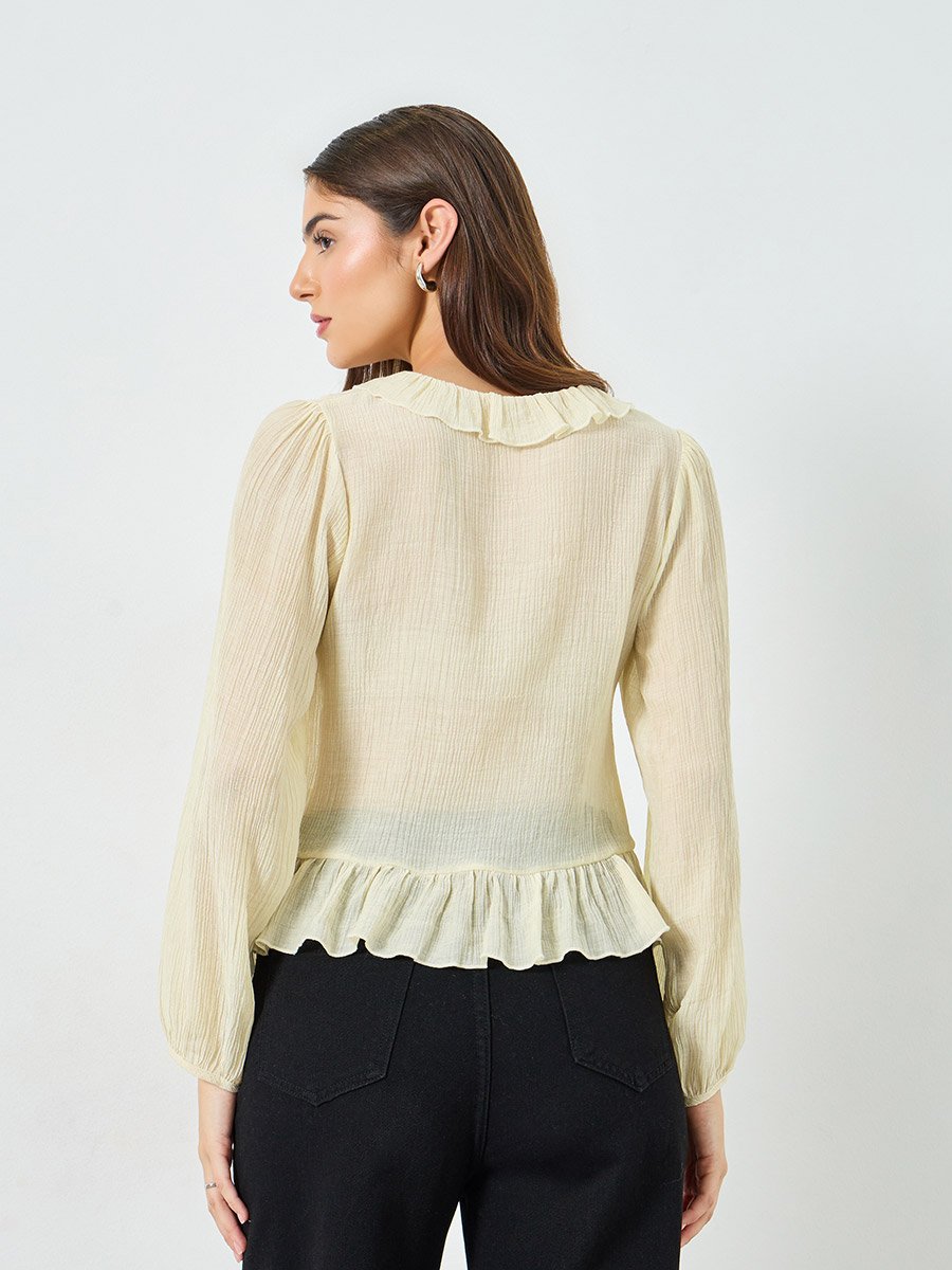 Beige Texture Buttoned Ruffle Hem Top