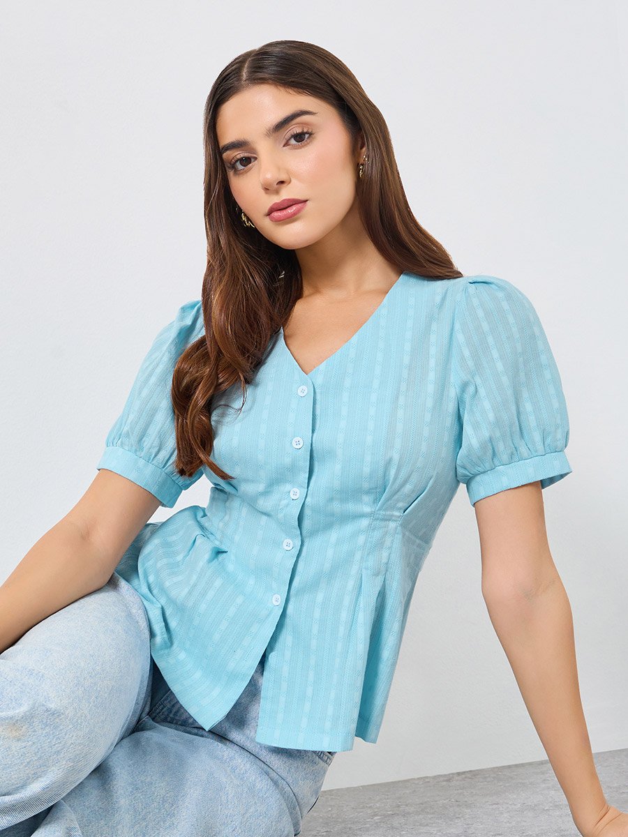 Light Blue Texture Puff Sleeve Buttoned Top