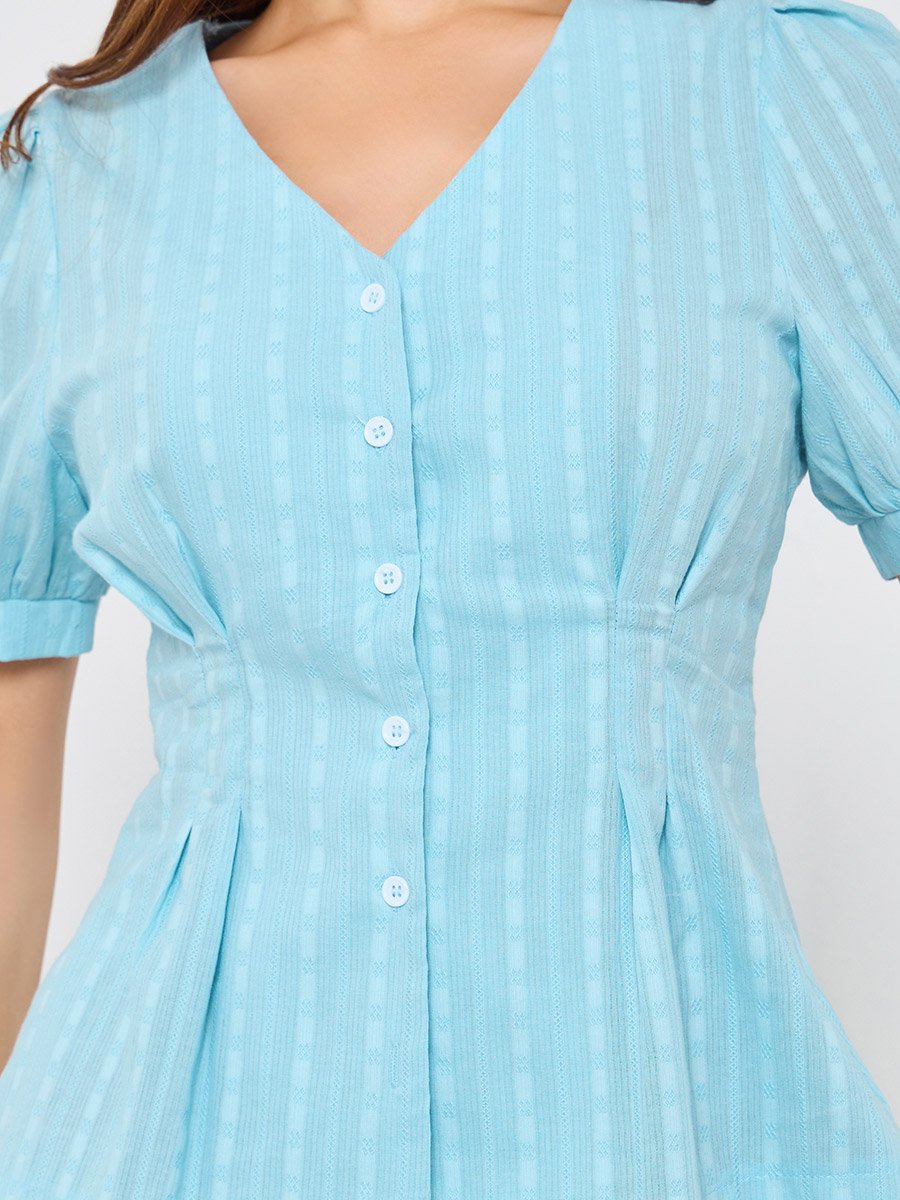 Light Blue Texture Puff Sleeve Buttoned Top