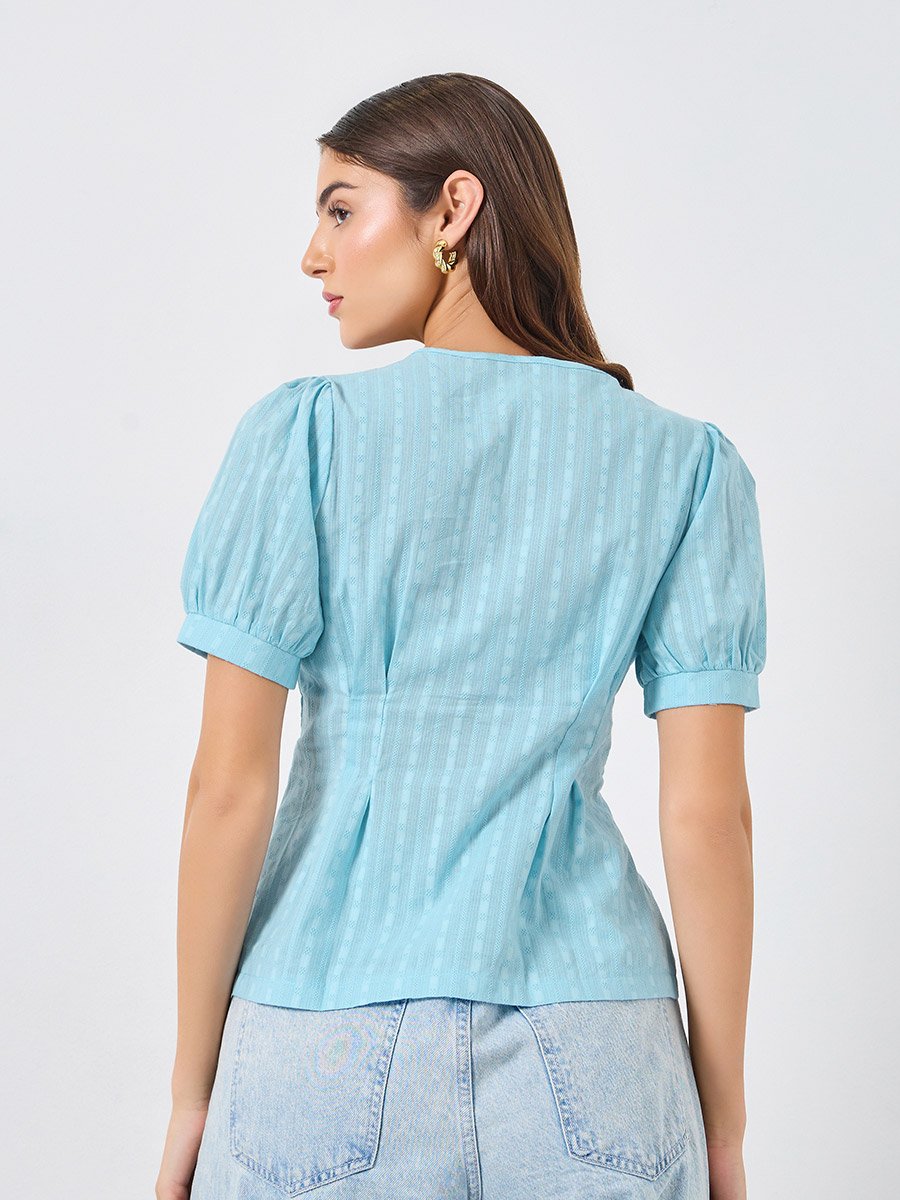 Light Blue Texture Puff Sleeve Buttoned Top