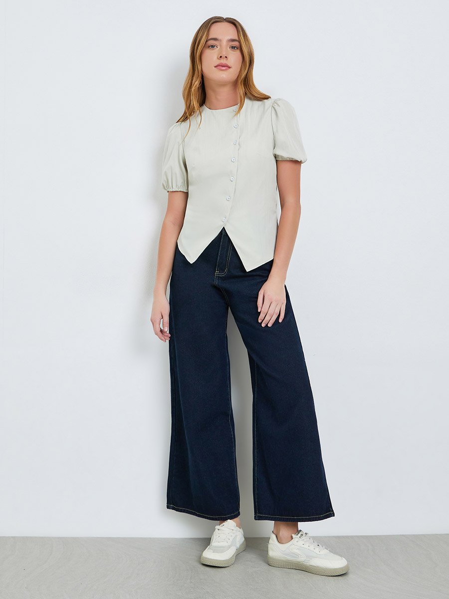Green Puff Sleeve Button-Front Top