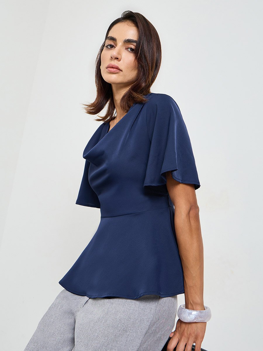 Navy Blue Cowl Neck Peplum Top with Short Sleeves