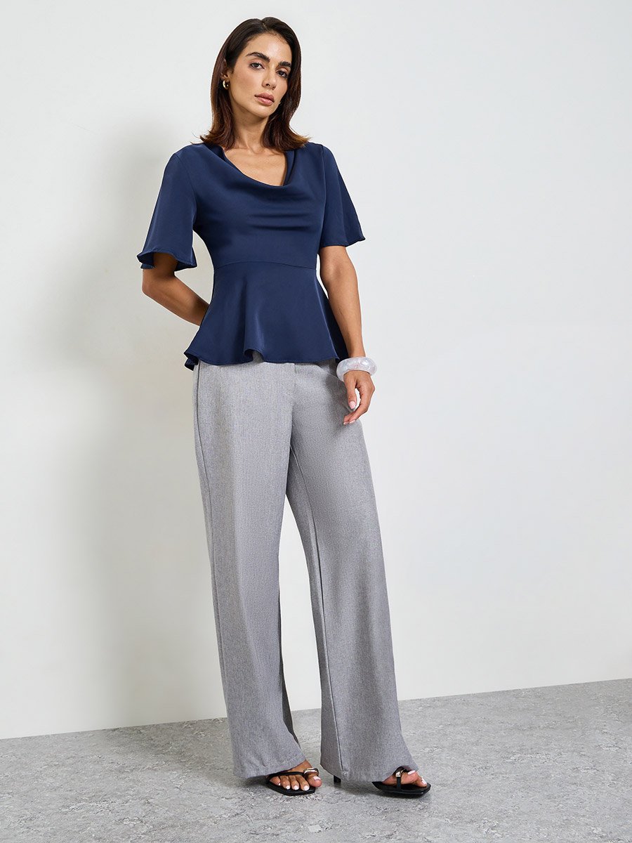 Navy Blue Cowl Neck Peplum Top with Short Sleeves