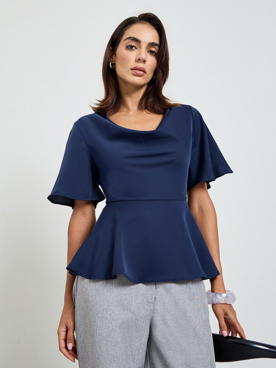 Navy Blue Cowl Neck Peplum Top with Short Sleeves