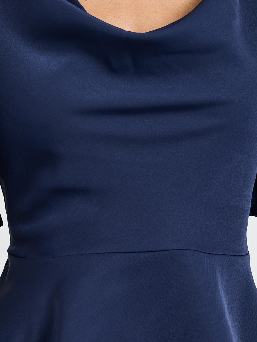 Navy Blue Cowl Neck Peplum Top with Short Sleeves