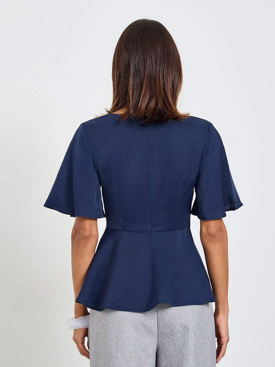 Navy Blue Cowl Neck Peplum Top with Short Sleeves